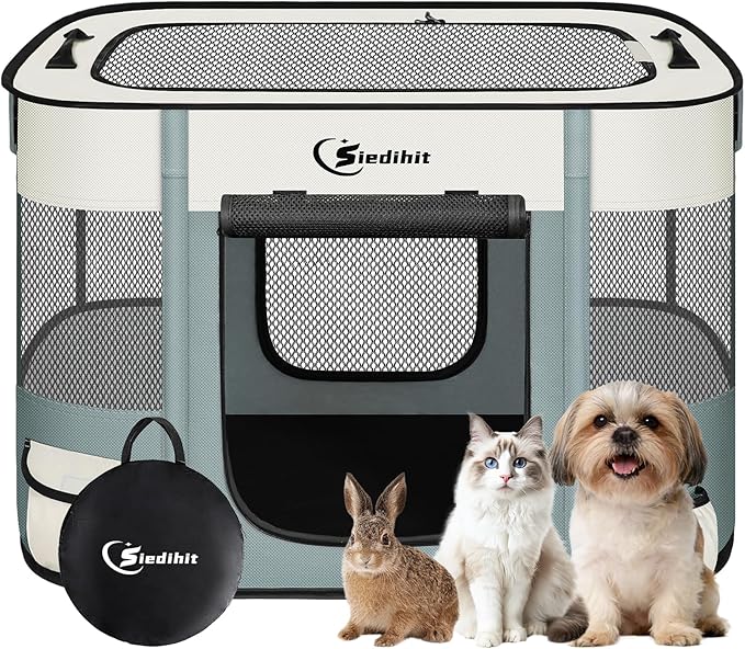 Dog Playpen,Cat Pet Puppy Pen,Portable Playpens for Dogs Indoor Outdoor Travel Camping Use,Foldable Dog Kennel Tent Crate for Rabbit Small Animals with Carrying Case (Grey, Small)