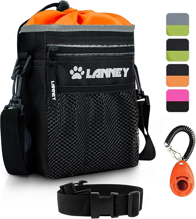 Dog Treat Pouch Pet Training Bag for Small to Large Dogs, Treat Tote Carry Kibble Snacks Toys for Training Reward Walking, Metal Clip, Waist belt, Shoulder Strap, Poop Bag Dispenser, Black with Orange