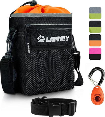 Dog Treat Pouch Pet Training Bag for Small to Large Dogs, Treat Tote Carry Kibble Snacks Toys for Training Reward Walking, Metal Clip, Waist belt, Shoulder Strap, Poop Bag Dispenser, Black with Orange