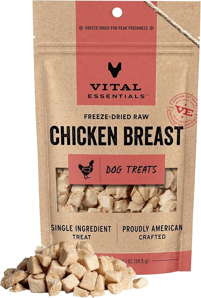 Vital Essentials Freeze Dried Dog Treats | Chicken Breast, Single Ingredient | Premium Quality | Grain Free Training Treats for Dogs, 2.1 oz Bag