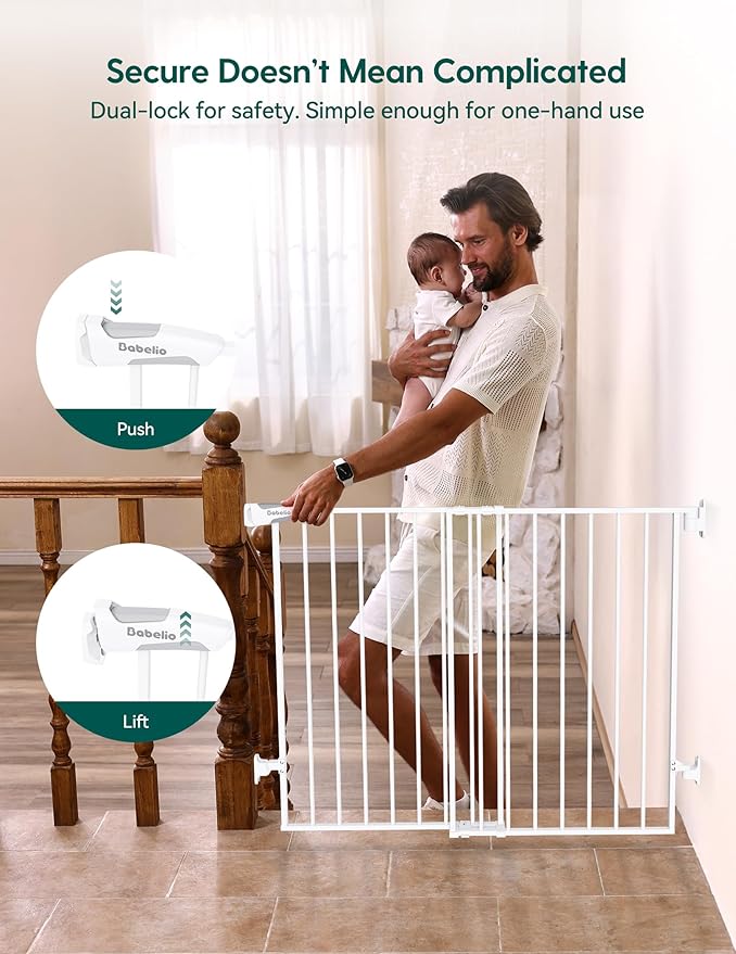 Babelio Baby Gate for Stairs, Kitchen & Doorways, No Bottom Bar| Easy Installation| One-Handed Operation| Auto-Close| Hardware Mount (Drill Needed) Safety Dog Gate (White - 2 Pcs, 26-43" W, 28" H)
