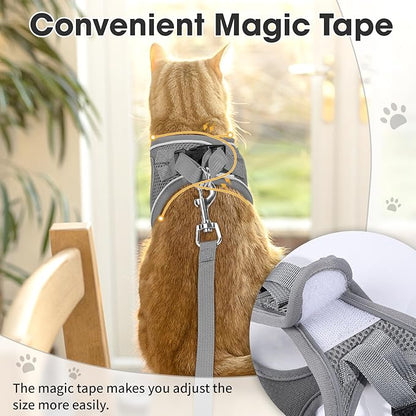 Cat Vest Harness and Leash Set for Walking Escape Proof, Adjustable Kitten Harness Breathable Mesh with Reflective Strips Harness for Kitty Puppy Bunny (Grey,S)