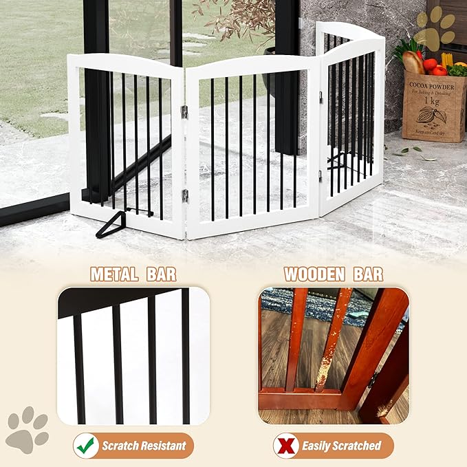 PUPETPO Freestanding Pet Gate for Dogs, Foldable Wooden Dog Gate for House, Indoor Dog Gate for Stair, Doorway, Gates for Dogs Indoor, 80 Inch Wide, 4 Panels 24",White