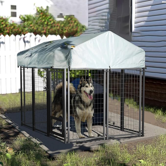 LEMBERI 6x4x4 Outside Dog Kennel with Roof for Large Dogs,Heavy Duty Welded Wire Steel Dog Playpen Fence with Secure Lock, Pet Pen with UV-Resistant Waterproof Cover (69.1''L x 50.4''W x 56.6'H)