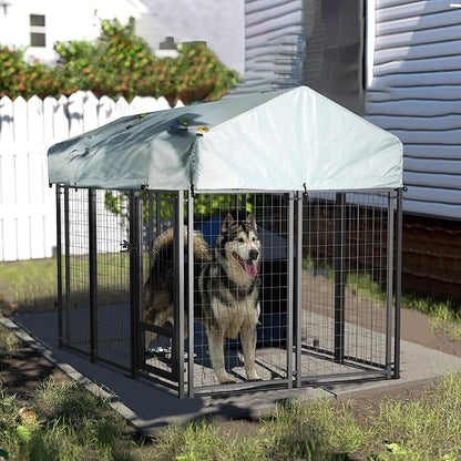 LEMBERI 6x4x4 Outside Dog Kennel with Roof for Large Dogs,Heavy Duty Welded Wire Steel Dog Playpen Fence with Secure Lock, Pet Pen with UV-Resistant Waterproof Cover (69.1''L x 50.4''W x 56.6'H)