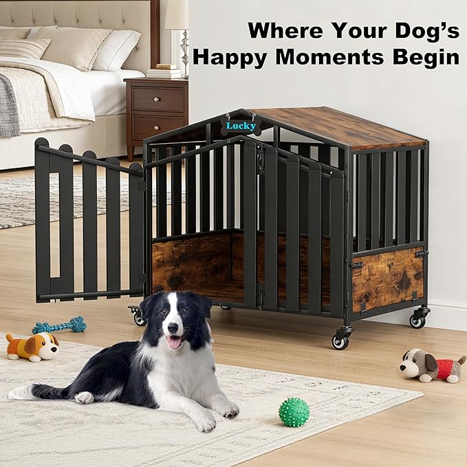 EasyCom 41“ XL Heavy Duty Dog Crate Furniture, Dogs Kennel Indoor with 360° Wheels, Dog Crates for Medium Dogs(35-60lb), Wooden Dog Cage with Feeding Window and Name Tag, Dog House, Rustic Brown