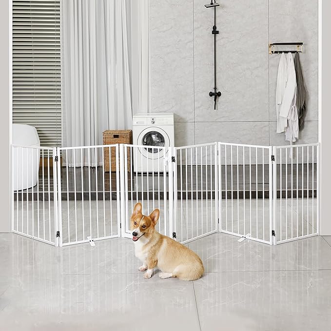 Metal Freestanding Dog Gates with Door for Outdoor Indoor,120'' Extra Wide 32'' Tall Free Standing Dog Gate for Doorways,Large Openings,Deck,Yard,Porch,Foldable Pet Fence(White,6 Panels)