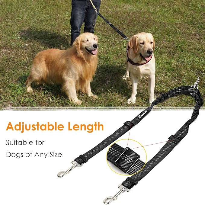 AUTOWT Double Dog Leash, No Tangle 360°Swivel Rotation Reflective Lead Attachment Adjustable Length Dual Two Dogs Lead Splitter, Comfortable Shock Absorbing Walking Training for 2 Dogs