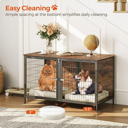 MAHANCRIS Dog Crate Furniture for 2 Dogs, 43.3" Dog Kennel with Removable Divider, Heavy Sturdy Dog Furniture Style Double Cage for Small Medium Dog, Indoor Pet House End Table, Rustic Brown DCHR1201