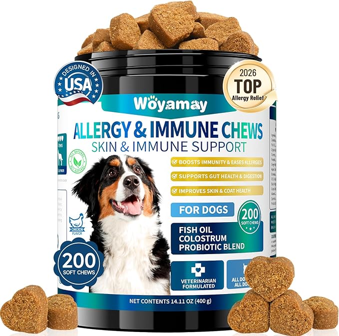 Dog Allergy Chews for Dog Itching Skin Relief, 200 Dog Allergy Relief Treats with Probiotics for Dogs, Immune Support & Skin Relief for Seasonal Allergies, Gut & Digestive Health, Chicken Flavor