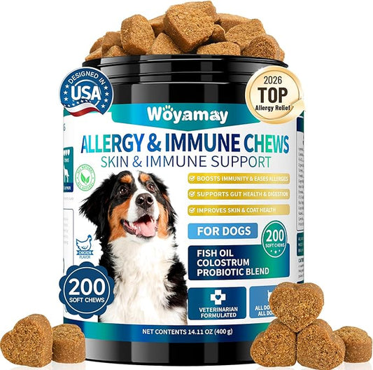 Dog Allergy Chews for Dog Itching Skin Relief, 200 Dog Allergy Relief Treats with Probiotics for Dogs, Immune Support & Skin Relief for Seasonal Allergies, Gut & Digestive Health, Chicken Flavor