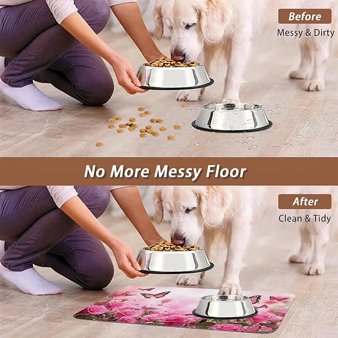 Rose Pink Dog Cat Food Mat,Butterfly Absorbent Pet Feeding Mat for Food and Water,Non-Slip Dog Bowl Mats Floor Protector 12"x20"