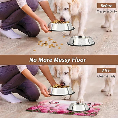 Rose Pink Dog Cat Food Mat,Butterfly Absorbent Pet Feeding Mat for Food and Water,Non-Slip Dog Bowl Mats Floor Protector 12"x20"