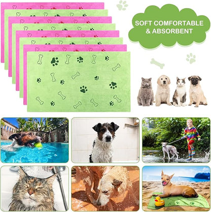 Chumia 8 Pcs Dog Towels for Drying Dogs Cats Pet Towels Bulk Puppy Microfiber Fast Drying Paw Bath Bathing Supplies Absorbent for Medium Pets(40 x 24 Inch,Dog Paw and Bone,Hot Pink,Green)
