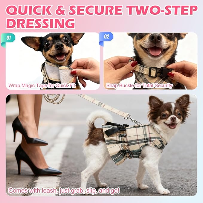 EXPAWLORER Dog Harness Small Medium Sized Dogs, Plaid Dog Dress Bowknot Harness and Leash Set, No Choke No Pull Soft Mesh Vest Cute Princess Puppy Outfits Clothes Costume for Girls Party Cats Pink S