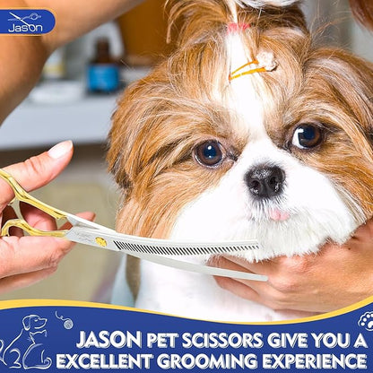 JASON Curved Thinning Dog Scissors - Ergonomic Updated Dog Grooming Shears Sharp Curved Blender 440C Stainless Steel Professional Pet Shears for Groomer 7"