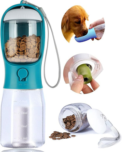 Dog Water Bottle with Food Container, Portable Pet Dog Water Dispenser for Outdoor Walking,Hiking,Travel,Puppy Essentials,Puppy Supplies,Replaceable Waste Bags