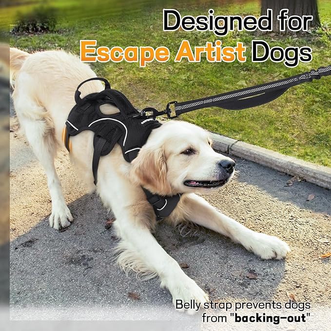 rabbitgoo Escape Proof Dog Harness, Soft Padded Full Body Pet Harness, Reflective Adjustable No Pull Vest with Lift Handle and Leash Clip for Large Dogs Walking Hiking Training, L, Black