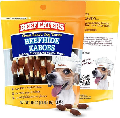 Beefeaters Triple Flavor Beefhide Kabobs 40oz, Dog Treats with Real Chicken, Liver & Sweet Potato – Long-Lasting Dog Kabob Treats for Chewing, Dental Support*, Flavor-Packed Treats - Training Rewards