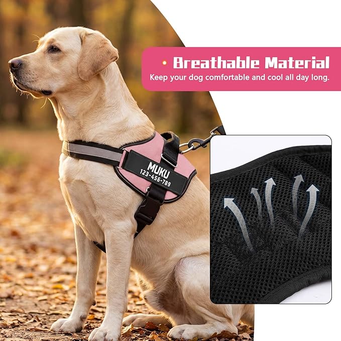 MUMUPET Custom Dog Harness Vest with 2 Personalized Name & Phone Patches, No Pull Reflective Adjustable with Handle, Soft Breathable Padding for Large Dogs (Pink, L)
