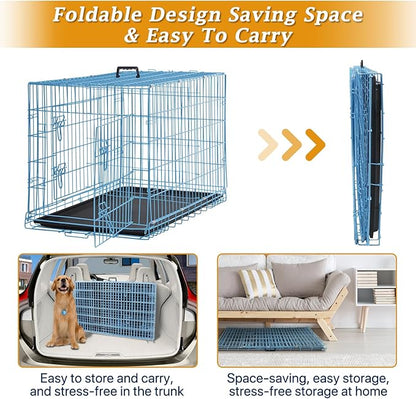 Dog Crate for Large Medium Dogs Folding Dog Kennel Cage with Plastic Tray & Divider 48" Indoor Outdoor Metal Double Door Pet Playpen Heavy Duty Dog Pen Enclosure Blue