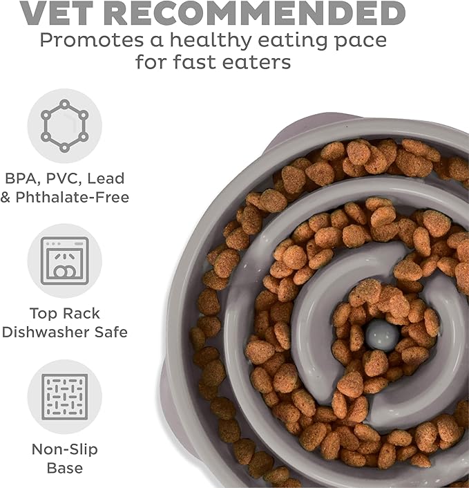 Outward Hound Fun Feeder Slo Bowl – Large 4‑Cup Capacity, Slow Feeding, Medium to Large Dogs, Non‑Slip, Gray, Drop Pattern