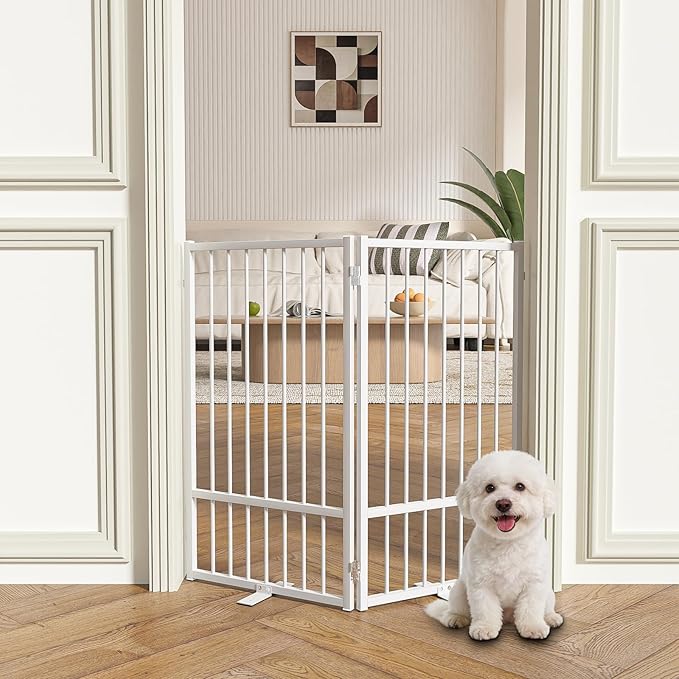 SNUOWU Full Metal Freestanding Dog Gate with Door, 36''Height Foldable Pet Dog Fence for Indoor & Outdoor, 2 Panels Extra Wide Free Standing TallDog Gates for Doorways,House,Stairs,Porch,Deck,Yard