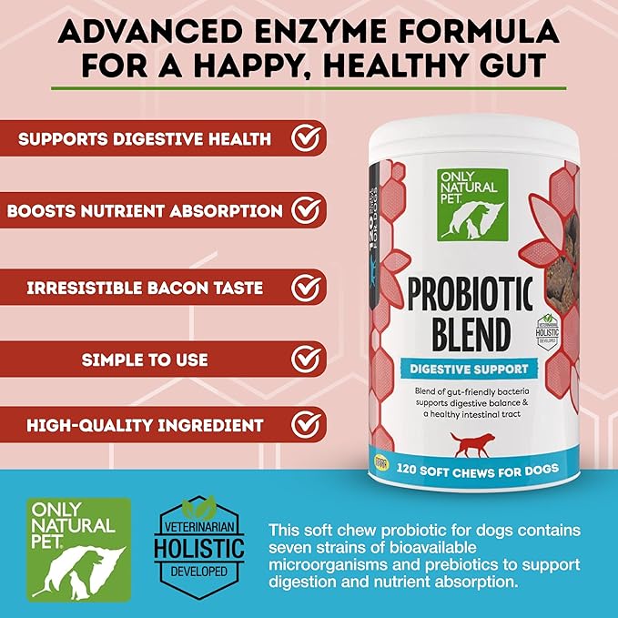 Only Natural Pet Probiotic Dog and Cat Supplement - Digestive & Gut Health Enzyme Formula, Puppy & Canine Digestive Chews, Best for Stomach Relief & Gas Aid - Soft Chews, 120 Count.