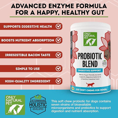 Only Natural Pet Probiotic Dog and Cat Supplement - Digestive & Gut Health Enzyme Formula, Puppy & Canine Digestive Chews, Best for Stomach Relief & Gas Aid - Soft Chews, 120 Count.