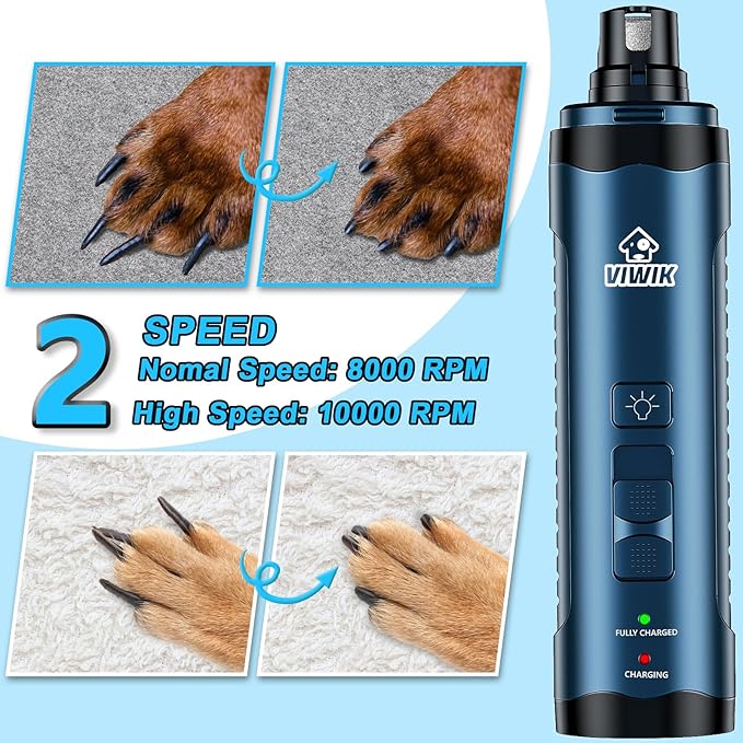 VIWIK Dog Nail Grinder, Dog Nail Trimmers with LED Lights, Pet Nail Clippers Kit for Large Medium Small Dogs & Cats, 2-Speed Quiet Electric USB Rechargeable Pet Paws Grooming Tool Blue