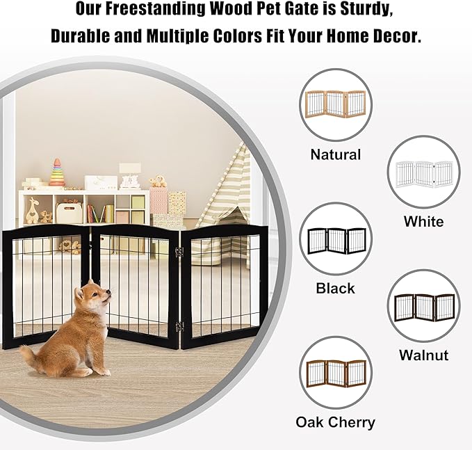 LZRS 3-Panel Freestanding Foldable Wooden Dog Gate –Solid Wood & Steel Wire Chew-Resistant Indoor Safety Pet Fence for Doorways & Stairs, Ideal for Small to Medium Dogs & Puppies, Black