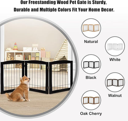 LZRS 3-Panel Freestanding Foldable Wooden Dog Gate –Solid Wood & Steel Wire Chew-Resistant Indoor Safety Pet Fence for Doorways & Stairs, Ideal for Small to Medium Dogs & Puppies, Black