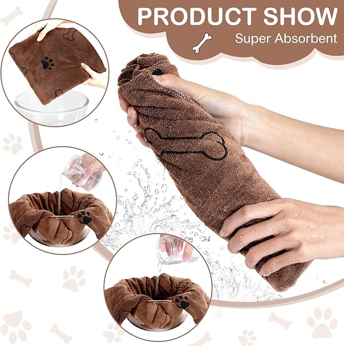 Chumia 8 Pcs Dog Towels for Drying Dogs Cats Pet Towels Bulk Puppy Microfiber Fast Drying Paw Bath Bathing Supplies Absorbent for Medium Pets(40 x 24 Inch,Dog Paw and Bone,Coffee)