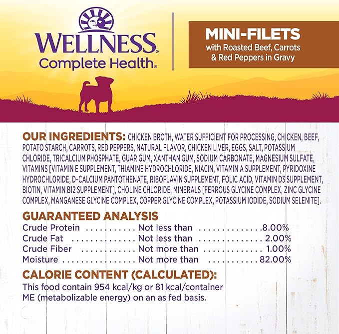 Wellness Petite Entrees Mini Filets Small Breed Adult Wet Dog Food, Grain Free, Natural, Roasted Chicken, Beef, Carrots, and Green Beans, 3 oz, Pack of 12 Cups