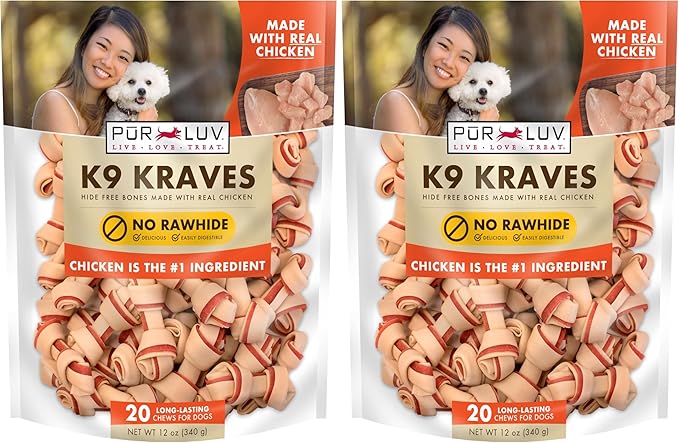 Pur Luv K9 Kraves Rawhide Free Bone Dog Treats, Chicken Flavor, Made with Real Chicken and Limited Ingredients, Healthy, Easily Digestible, Long Lasting, and High Protein Dog Treat, 20 Count