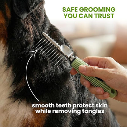 Poodle Dematting Fur Rake Comb Brush for Dogs and Cats - Long 2.5" Steel Safety Blades Metal Comb for Detangling Matted or Knotted Undercoat Hair (Green)