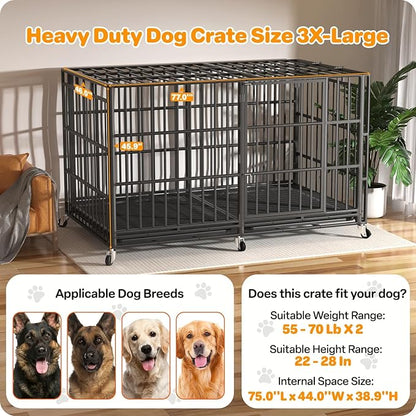 Hiwokk 78 Inch Heavy Duty Dog Crate, Indestructible Escape-Proof Dog Kennel for High Anxiety Large Dogs, Strong Metal Pet Cage with Double Doors, Lockable Wheels & Removable Tray, XL XXL XXXL