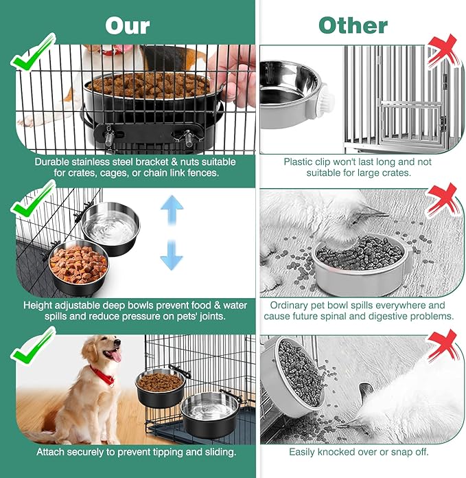 Crate Water Bowl No Spill, 2 Pack Dog Crate Bowls Hanging, Kennel Dog Water Food Bowls Mountable, Pet Cage Accessories Feeder Dish, Large Stainless Steel Coop Cup for Cat Puppy Bunny Guinea Pig Ferret
