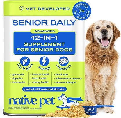 Native Pet Senior Daily Dog Vitamins & Supplements – 12-in-1 Dog Multivitamin Powder for Senior Dogs – Supports Mobility, Cognition, Digestion, Immune Health & More – 30 Scoops