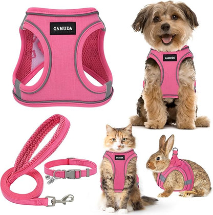 GAMUDA Small Pet Harness Collar and Leash Set, Step in No Chock No Pull Linen Fabric Soft Mesh Dog Vest Harnesses Reflective for Dogs Puppy Cats Kitten Rabbit (Pink, XS)