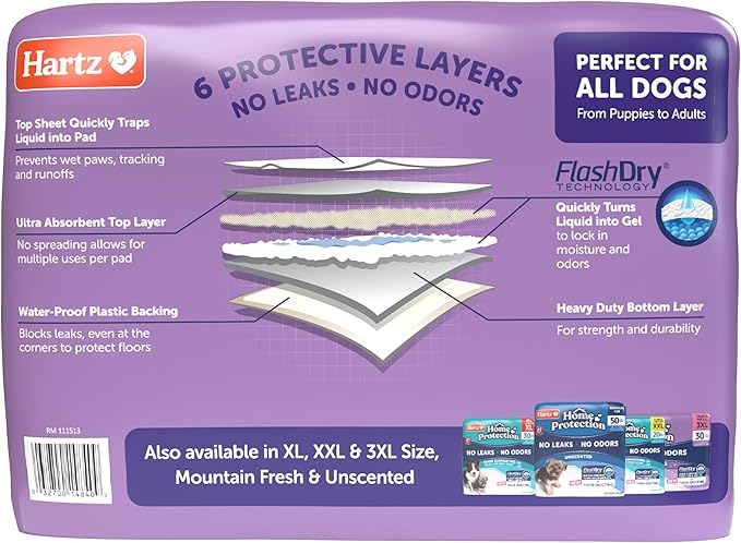 Hartz Home Protection Super Absorbent Odor Eliminating Lavender Scented No Leaks Dog Pads, 100 Count