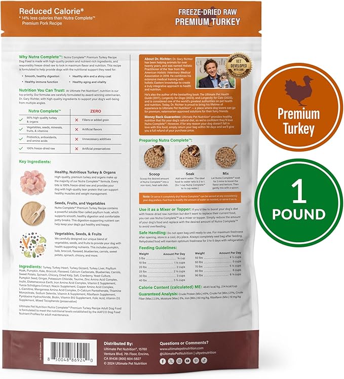 ULTIMATE PET NUTRITION Nutra Complete Reduced Calorie, 100% Freeze Dried Raw Veterinarian-Formulated Premium Adult Dog Food (1 Pound, Turkey)