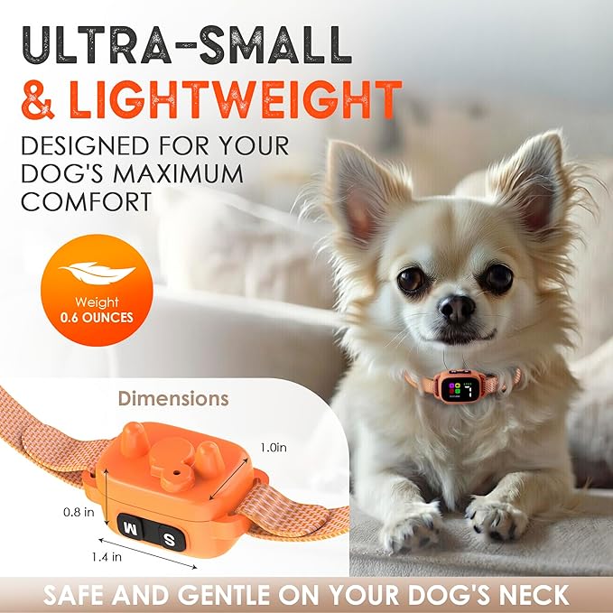 Tiny Bark Collar for Small Dogs 5-15 lbs and Puppies - No Shock Anti Barking Collar - Rechargeable Smart Collar for Dog Training with 7 Sensitivity Levels and 3 Beep&Vibration Modes (Pure Orange)