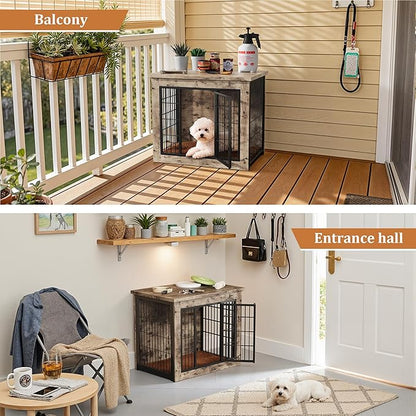 Greesum Modern Dog Crate Furniture That Doubles as a Side Table - Sturdy Wooden Kennel with Double Door Design, Equipped with Soft Cushion & Chew-Resistant Resign, Suitable for Dogs