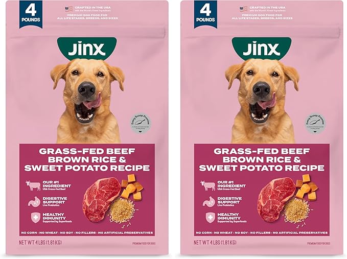 Jinx Premium Dry Dog Food, for All Lifestages - Real Beef, Brown Rice & Sweet Potato Kibble with Superfoods for Immune Support & Probiotics for Digestive Support - No Fillers - 4lb (Pack of 2)