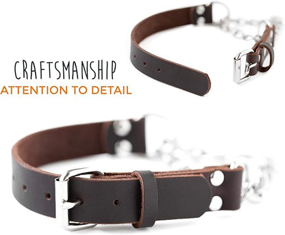 Mighty Paw Martingale Dog Collar - No Pull Design - Stainless Steel Chain - Limited Chain Cinch Training - Brown Leather Martingale Training Collar - Small Size