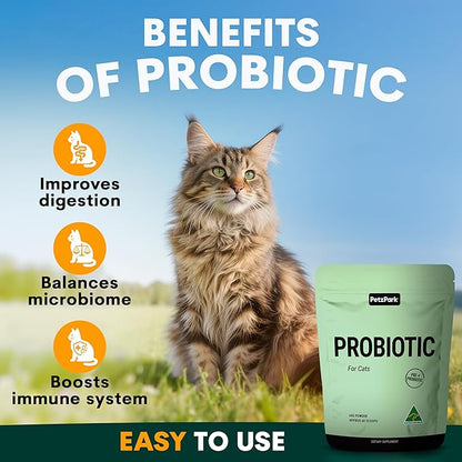 Petz Park Probiotics for Cats 60 Scoops, Cat Probiotic Powder for Hairball and Digestive Support, Gut Health Supplement for Cats and Kittens, Cat Food Topper Made in Australia