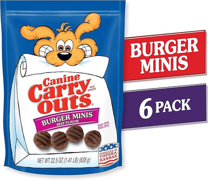 Canine Carry Outs Dog Treats, Burger Minis Beef Flavor, 22.5 Ounce (Pack of 6), Made with Real Beef