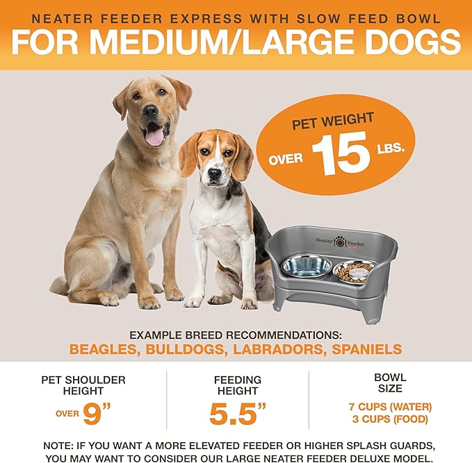 Neater Feeder - Express Model w/ Slow Feed Bowl - Mess-Proof Dog Bowls (M/L, Grey) Made in USA – Elevated, No Spill, Non-Tip, Non-Slip, Raised Stainless Steel Food/Water Pet Bowls Aid Digestion