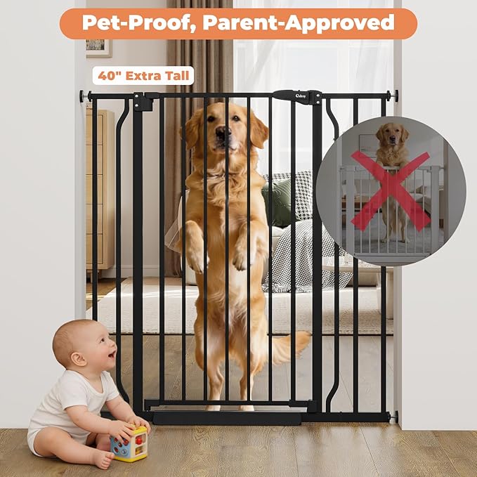 40" Extra Tall Baby Gate for Stairs, Auto Close Stroller Friendly Dog Gate Indoor for Doorways, Pressure Mounted 29"-40" Wide Baby Gate, Easy Walk Through Gate for Children & Pets, Black